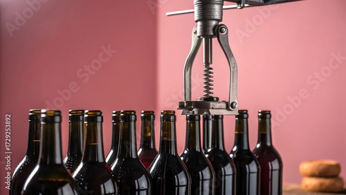 Photorealistic Studio Shot Of Metal Claw Machine Arm Above Dark Glass Wine Bottles