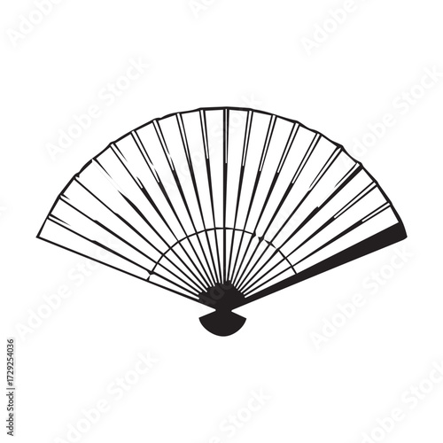 A beautiful traditional oriental paper fan with a delicate pattern is open, showing its bamboo and wood structure, a lovely decoration and fashion accessory from Japanese culture