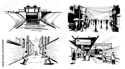 Set of Hand Drawn Urban and Lifestyle Scenes