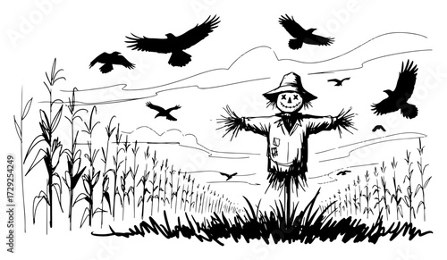 Scarecrow in a Cornfield with Flying Crows Sketch