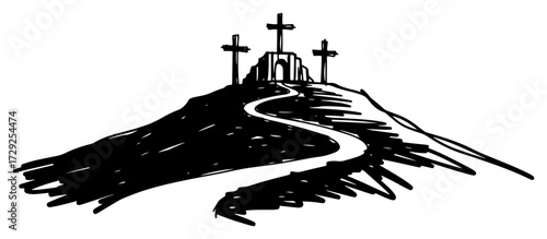 Hand Drawn Sketch of Calvary Hill with Three Crosses