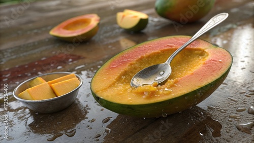 Ultra Realistic Photo Of Half Cut Mango With Spoon On Wet Skin With Vivid Colors