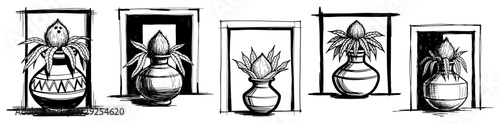Collection of Hand Sketched Purna Kalasha for Hindu Rituals