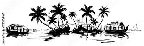Kerala Backwaters Scene with Houseboats Sketch
