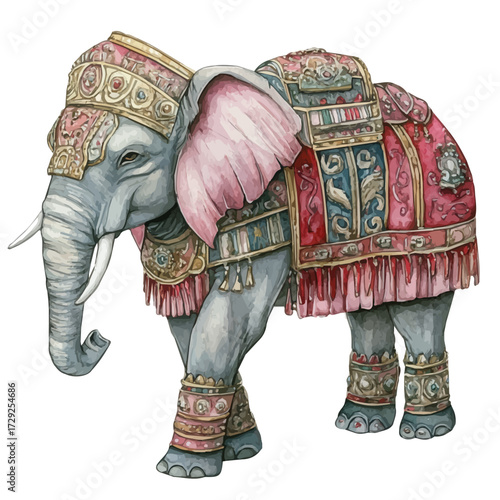 Elephant With Armor, watercolor clipart vector, isolated on a white background.