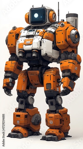 Orange and white futuristic robot mech suit concept art design for science fiction video game character