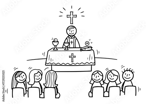 Stick Figure Priest Celebrating Mass in a Church