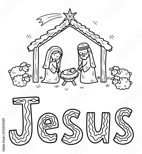 Nativity Scene with Jesus Text Doodle for Coloring