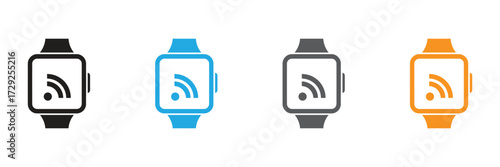 Tech-savvy smartwatch icons in vibrant colors display a strong wifi connection. Ideal for app designs, tech blogs, or to visually communicate wireless connectivity.