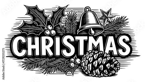 Vintage Christmas Greeting in a Woodcut Style