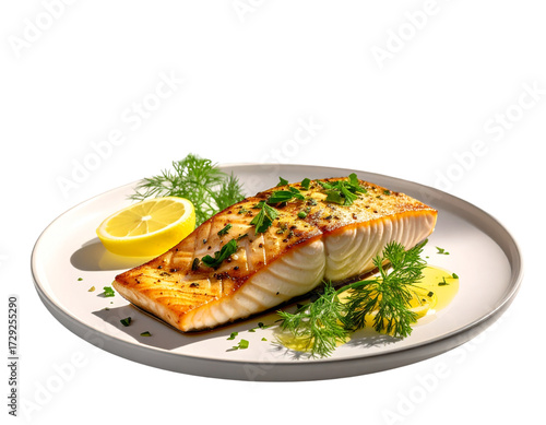 Luxury Seafood Experience – Elegant Restaurant Plate of Grilled Fillet and Chardonnay Pairing PNG 
