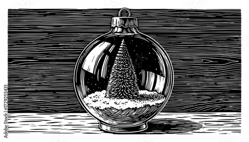 Christmas Snow Globe Ornament in a Vintage Engraved Style