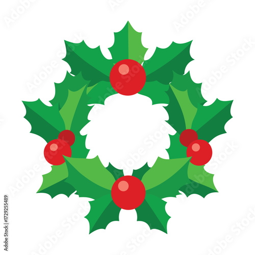 Festive christmas wreath with green leaves and red berries isolated on white background for holiday decoration