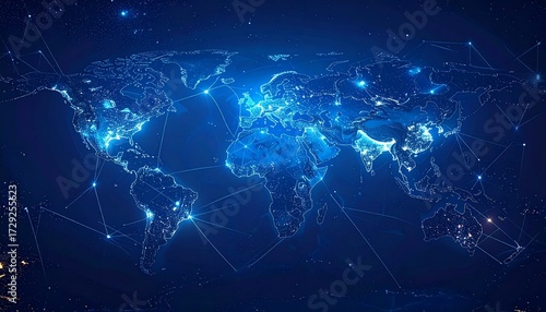 Futuristic Global Digital Network with Glowing Data Connections on Dark Blue World Map