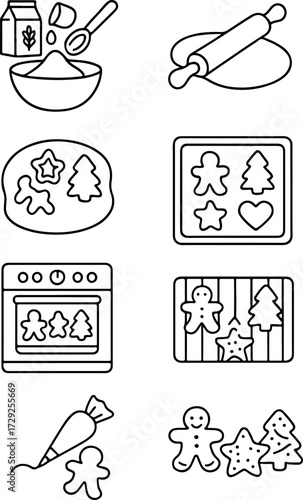 large set of holiday icons for the New Year or Christmas, showing step-by-step shots of making and decorating a gingerbread. For holiday designs