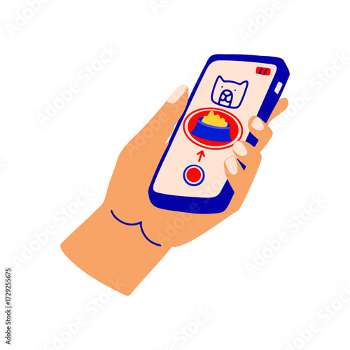 Modern pet care technology concept. Hand holding smartphone with pet feeding app. 