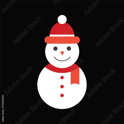 Illustration of a snowman isolated on black background, a festive winter character with a red hat and scarf