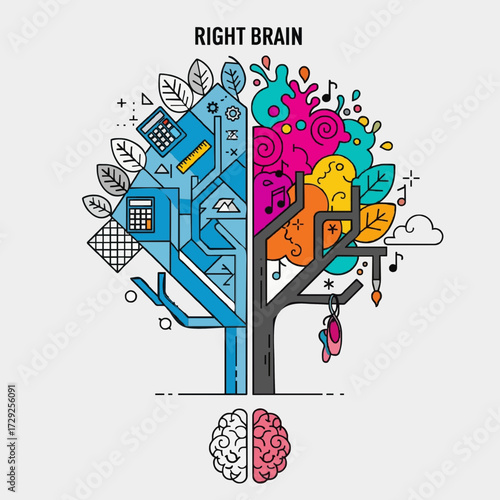 Conceptual illustration of left and right brain functions, showing the contrast between logical analytical thought and creative artistic skills
