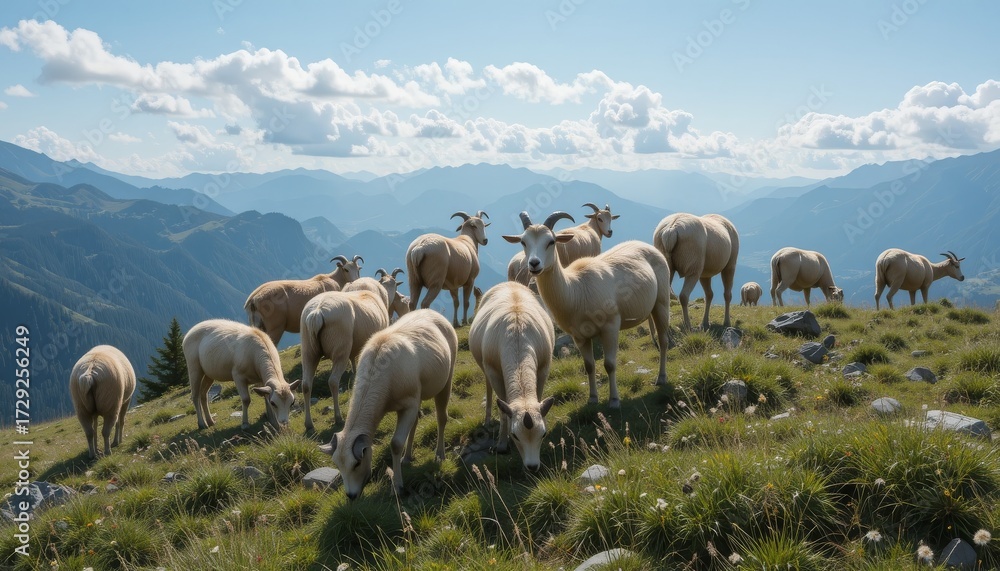 Obraz premium A group of goats grazing on the mountain's summit