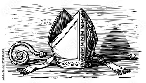 Bishop Mitre and Crosier in a Retro Engraving Style