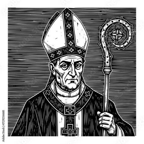 Vintage Bishop Portrait in a Woodcut Engraving Style