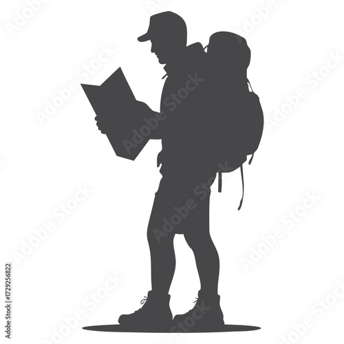 Backpacker Silhouette Checking Map Navigation Travel Adventure and Exploration