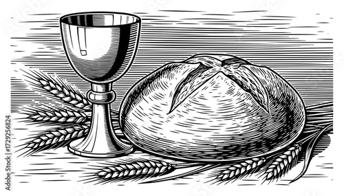 Holy Communion Chalice and Bread Vintage Illustration