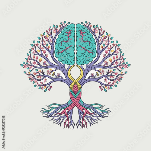 Intricate Tree of Life illustration with a human brain canopy and DNA helix trunk, symbolizing the connection between mind, genetics, and growth