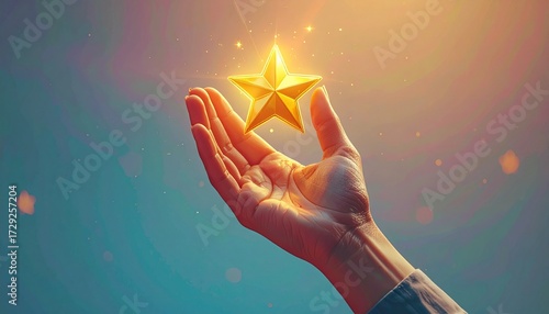 A hand reaching up, gently holding a radiant golden star glowing against a beautiful bokeh background, symbolizing success, achievement, and premium quality.