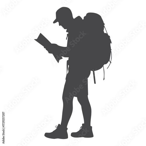 Silhouette of Backpacker Navigation with Map Hiking Adventure Exploration and Travel