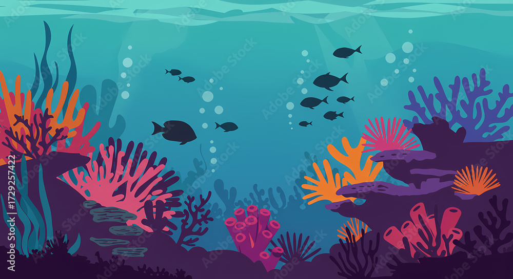 Fototapeta premium Flat Design of Deep Ocean Marine Life Background with Colorful Corals