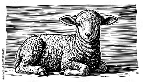 Lying Lamb Illustration in a Retro Engraving Style