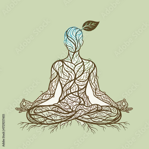 A spiritual illustration of a person in a meditative lotus pose, their body formed from tree roots to symbolize a deep connection and grounding with nature