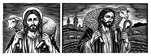Jesus The Good Shepherd Carrying a Lamb in a Woodcut Style