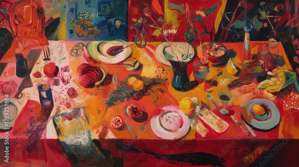 Fototapeta premium Abstract expressionist painting of colorful dining table with food and plates, concept for hospitality, lifestyle, and culinary visuals