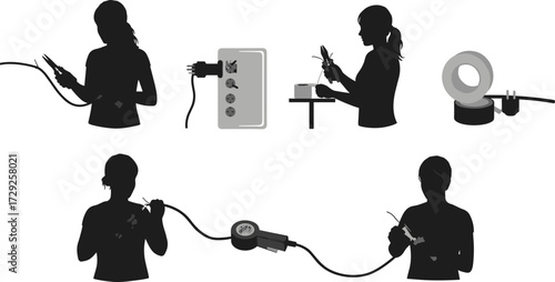 Silhouette electrician step by step wiring electrical plug cord connection, repair maintenance process, safety tools, professional service vector illustration set
