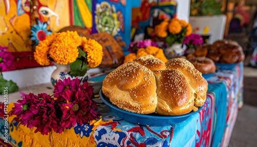 Hanal Pixan Yucatán Traditional Bread on Decorated Altar
