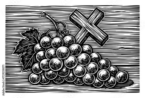 Grapes and a Wooden Cross Religious Symbol in a Vintage Linocut Style
