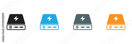 Versatile power bank icons in four distinct colors offer immediate visual appeal for tech concepts, digital interfaces, and charging solutions.