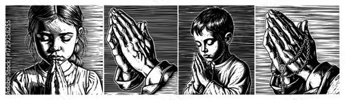 Children and Hands Praying in a Retro Engraved Style