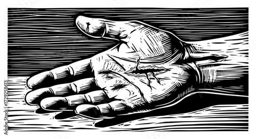 Hand of Jesus with Stigmata in a Retro Engraving Style