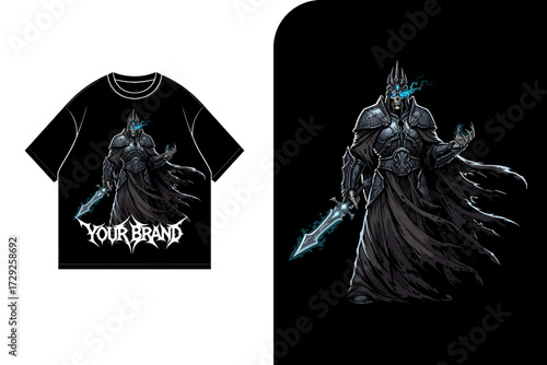 A black t-shirt design featuring a detailed illustration of a dark knight wielding a glowing sword.