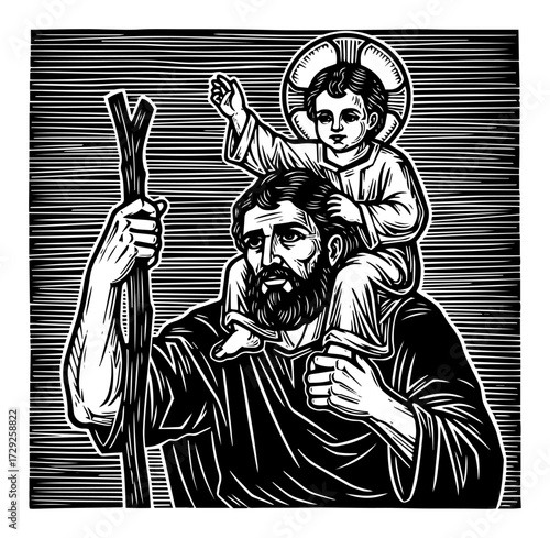 Saint Christopher Carrying The Christ Child in a Woodcut Style