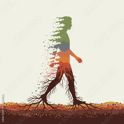 Conceptual illustration of a human silhouette fused with a natural landscape, symbolizing a deep connection with the earth and environment