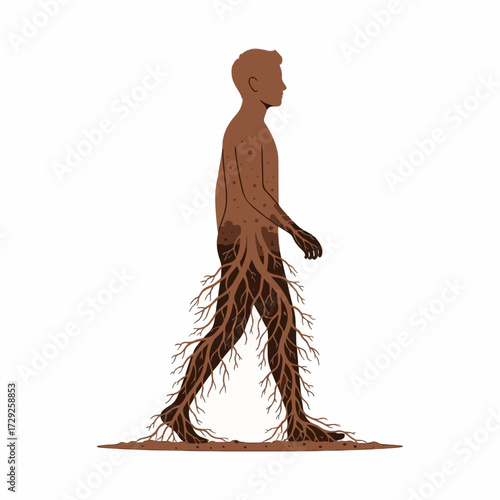 Surreal conceptual illustration of a man with tree roots for legs, symbolizing a deep connection to nature and being grounded