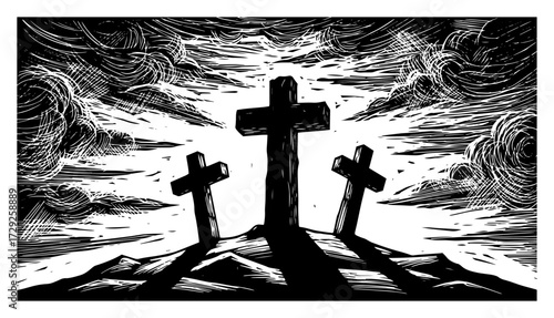 Three Crosses on Calvary Hill in a Vintage Woodcut Style