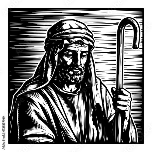 Biblical Shepherd from a Nativity Scene in a Vintage Woodcut Style