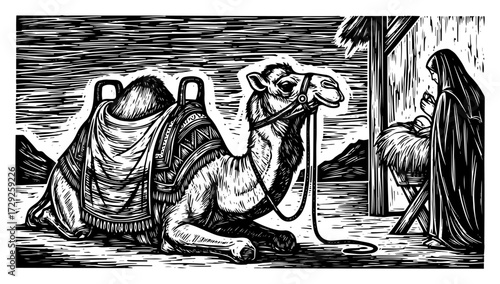 Christmas Nativity Scene with Mary and Jesus in a Retro Style
