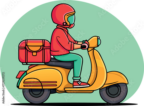 Cartoon vector illustration of a man riding a scooter for food delivery transportation