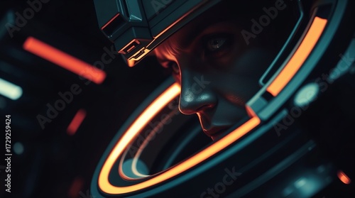 Futuristic astronaut portrait with glowing helmet accents and intricate technological details. This astronaut embodies exploration and innovation,
